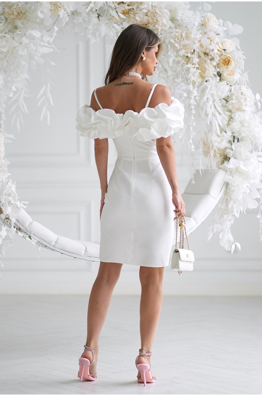 Rochie cununie civila alba scurta cu maneca incretita Serena 2 - jojofashion.ro