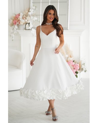 Rochii cununie civila, Rochie de cununie civila midi alba in clos cu volan tridimensional Jasmina - jojofashion.ro