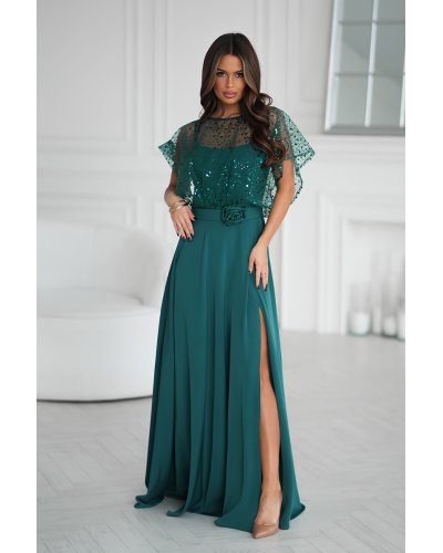 Rochii marimi mari, Rochie de nunta lunga verde smarald cu paiete pe bust vaporoasa Azaliya - jojofashion.ro