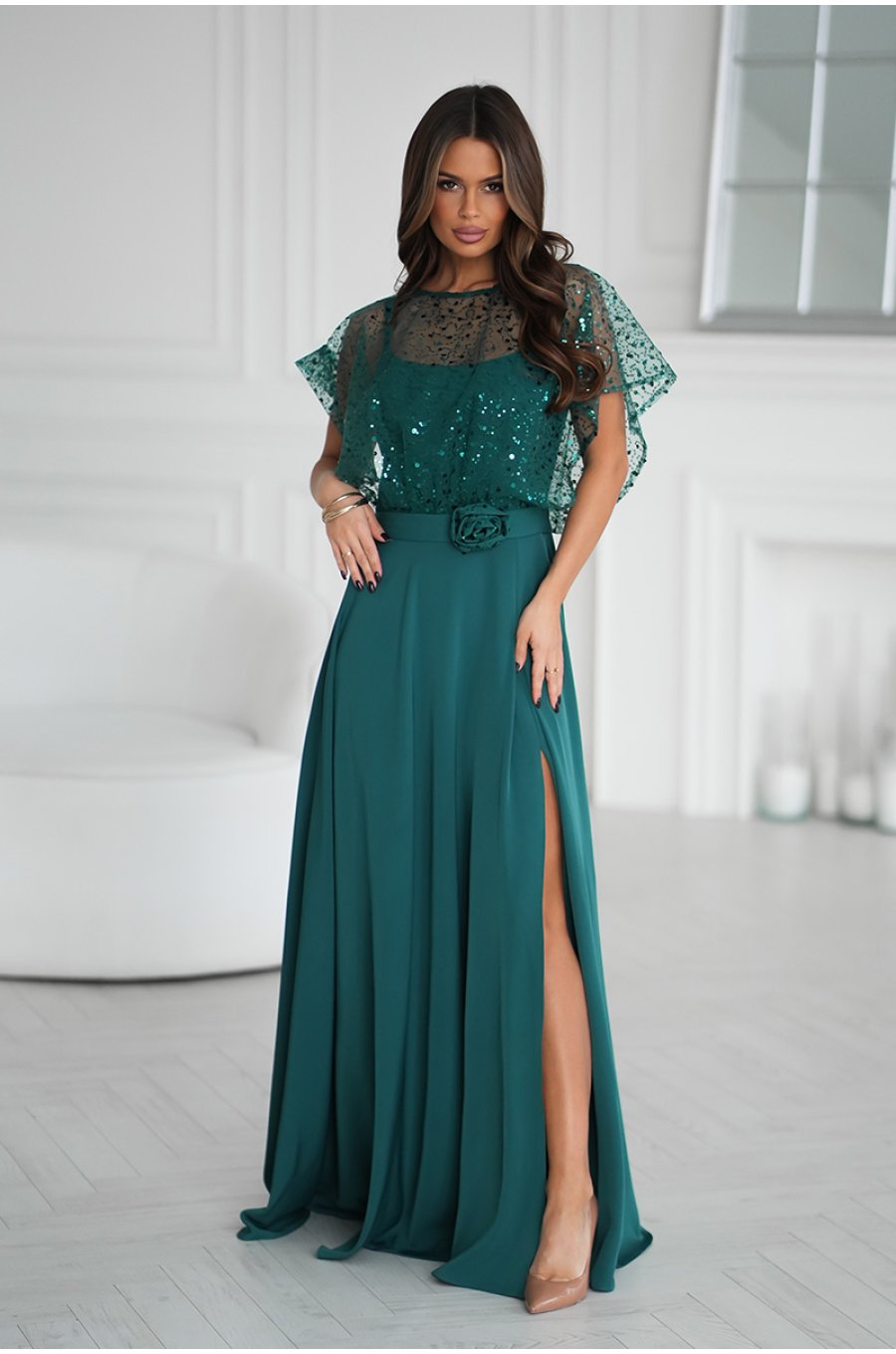 Rochie de nunta lunga verde smarald cu paiete pe bust vaporoasa Azaliya 1 - jojofashion.ro