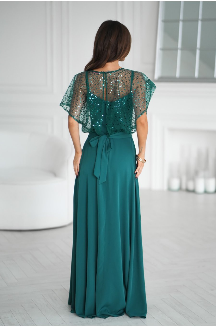 Rochie de nunta lunga verde smarald cu paiete pe bust vaporoasa Azaliya 2 - jojofashion.ro