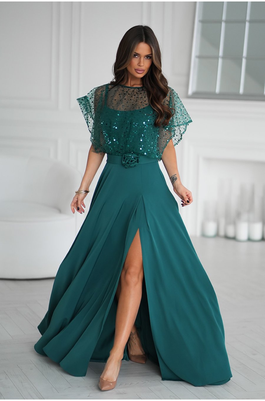 Rochie de nunta lunga verde smarald cu paiete pe bust vaporoasa Azaliya 5 - jojofashion.ro