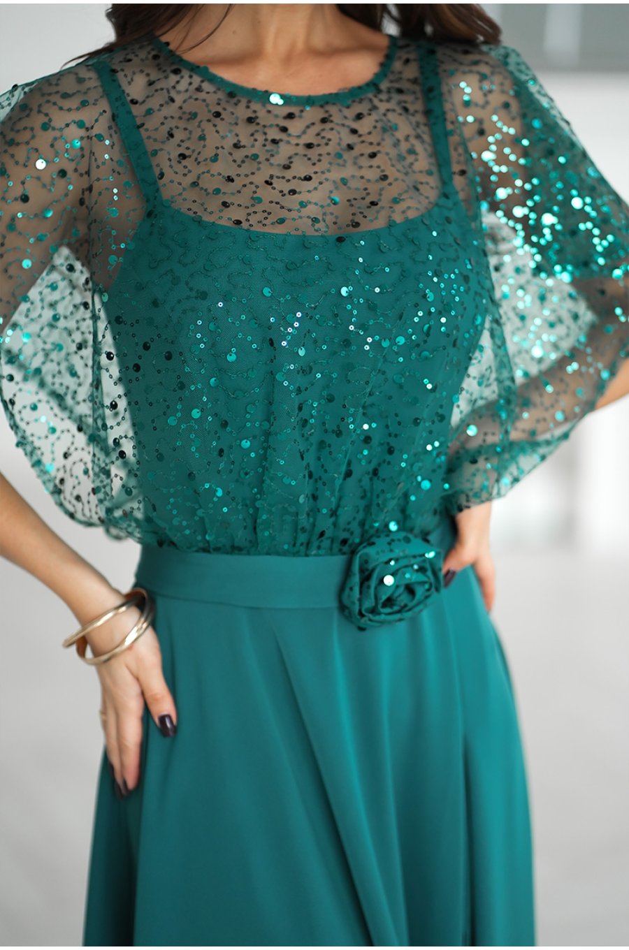 Rochie de nunta lunga verde smarald cu paiete pe bust vaporoasa Azaliya 4 - jojofashion.ro