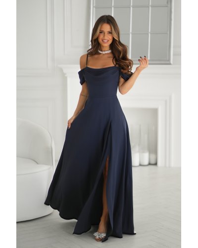 Rochii banchet, Rochie de ocazie lung bleumarin navy cu umerii goi vaporoasa Katiya - jojofashion.ro