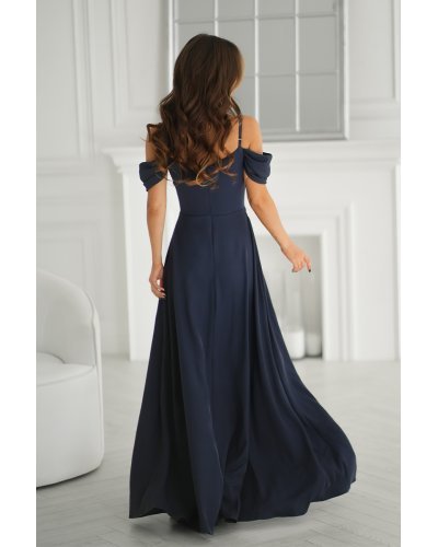 Rochii banchet, Rochie de ocazie lung bleumarin navy cu umerii goi vaporoasa Katiya - jojofashion.ro