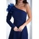 Rochie eleganta scurta bleumarin cu maneca lunga umar gol si trandafir decorativ Hyami 5 - jojofashion.ro
