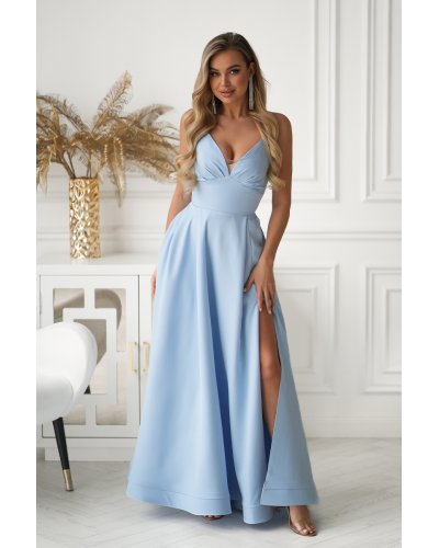 Rochii de nasa, Rochie eleganta lunga baby blue cu bust tip corset vaporoasa Jasmine - jojofashion.ro