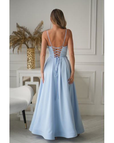 Rochii de nasa, Rochie eleganta lunga baby blue cu bust tip corset vaporoasa Jasmine - jojofashion.ro