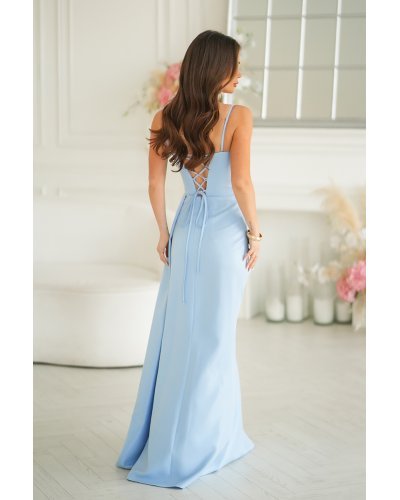 Rochii de nunta, Rochie eleganta lunga bleu cu glitter mulata cu umeri goi Luxurious - jojofashion.ro