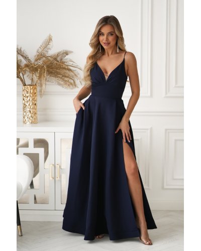 Rochie eleganta lunga bleumarin navy cu bust tip corset Jasmine - jojofashion.ro