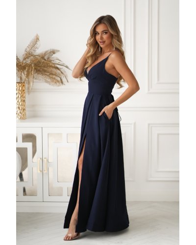 Rochie eleganta lunga bleumarin navy cu bust tip corset Jasmine - jojofashion.ro