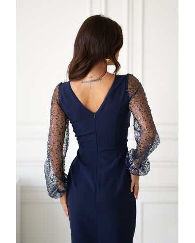 Rochie eleganta lunga bleumarin navy cu paiete si maneca lunga petrecuta Deluxe Rochii bleumarin, Rochie eleganta lunga bleumarin navy cu paiete si maneca lunga petrecuta Deluxe - jojofashion.ro