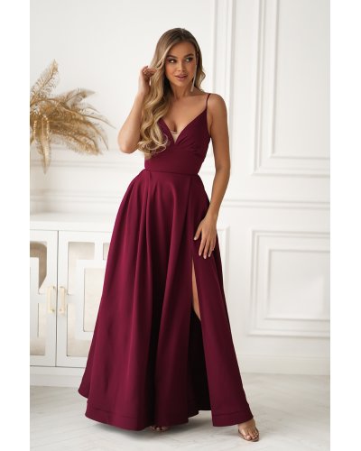 Rochie eleganta lunga burgundy cu bust tip corset vaporoasa Jasmine - jojofashion.ro