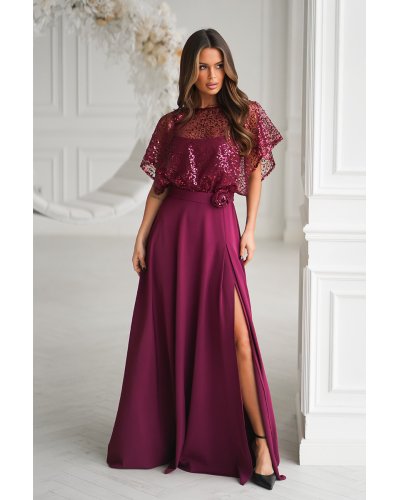 Rochii marimi mari, Rochie eleganta lunga burgundy cu paiete vaporoasa Azaliya - jojofashion.ro