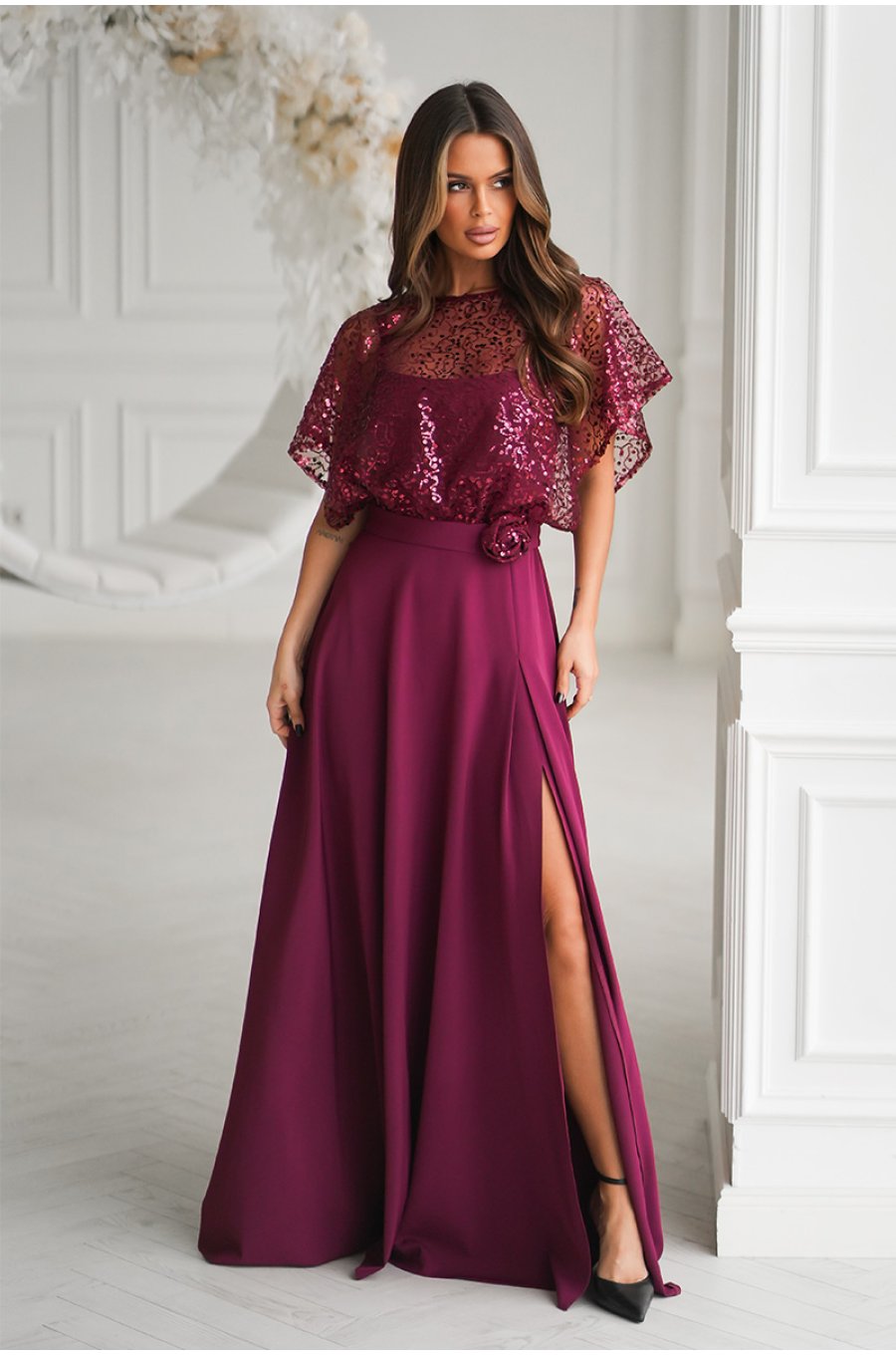 Rochie eleganta lunga burgundy cu paiete vaporoasa Azaliya 1 - jojofashion.ro
