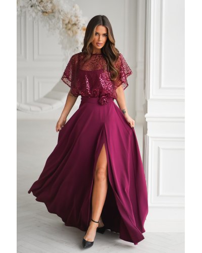 Rochii marimi mari, Rochie eleganta lunga burgundy cu paiete vaporoasa Azaliya - jojofashion.ro