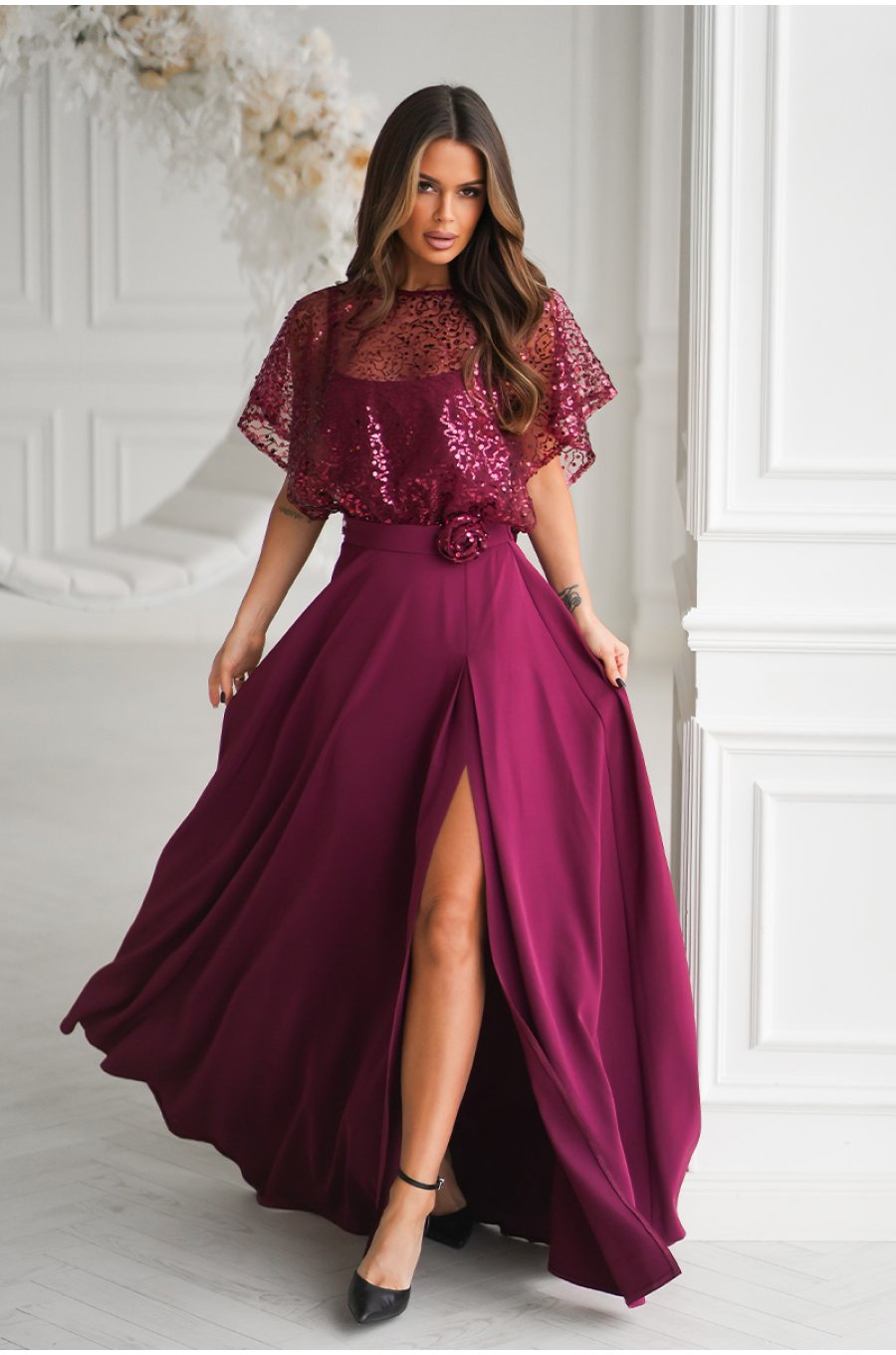 Rochie eleganta lunga burgundy cu paiete vaporoasa Azaliya 2 - jojofashion.ro