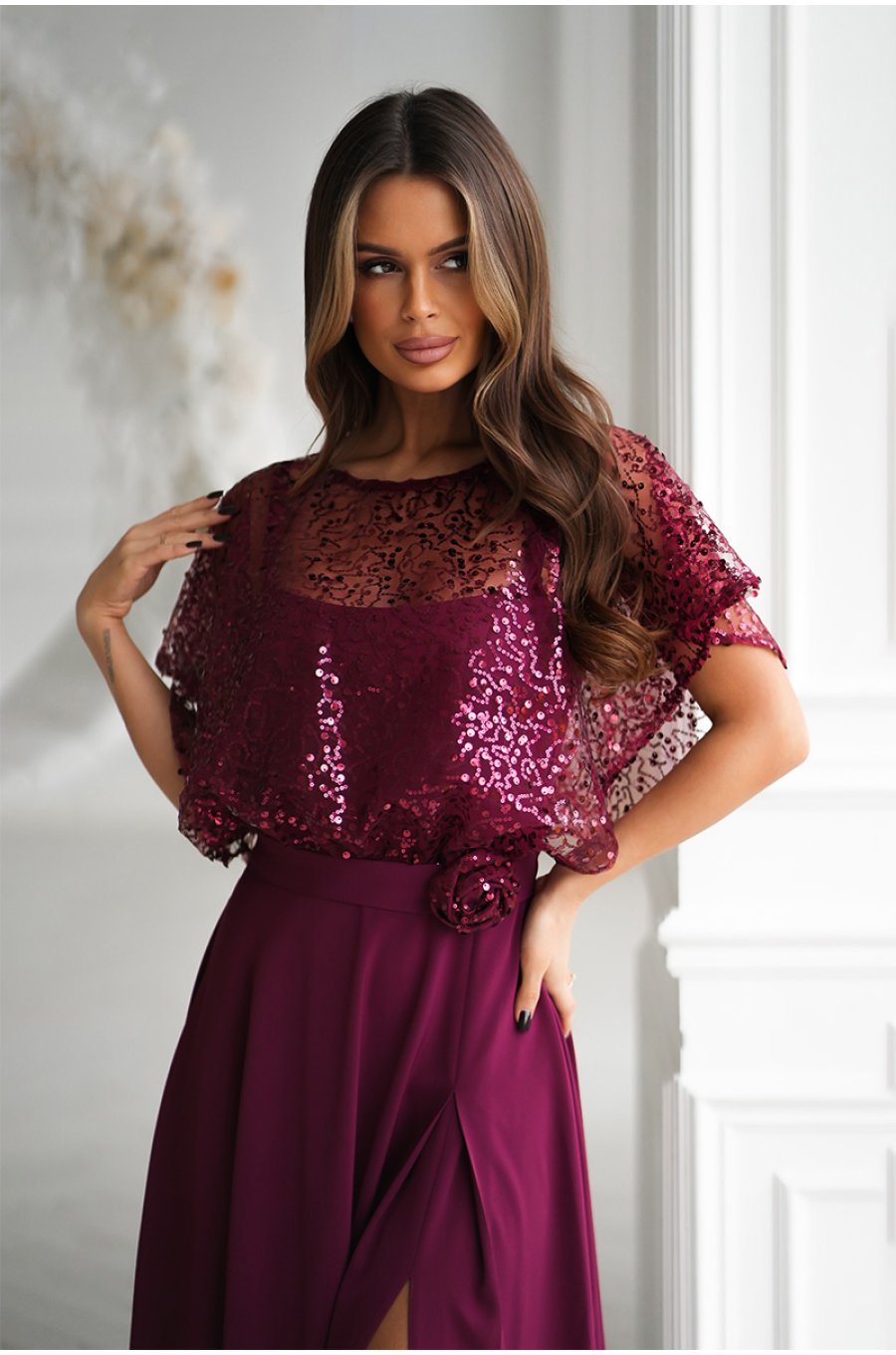 Rochie eleganta lunga burgundy cu paiete vaporoasa Azaliya 3 - jojofashion.ro