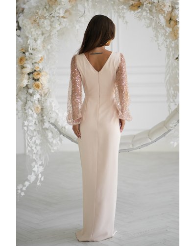 Rochie eleganta lunga cu paiete bej cu maneca lunga Deluxe - jojofashion.ro