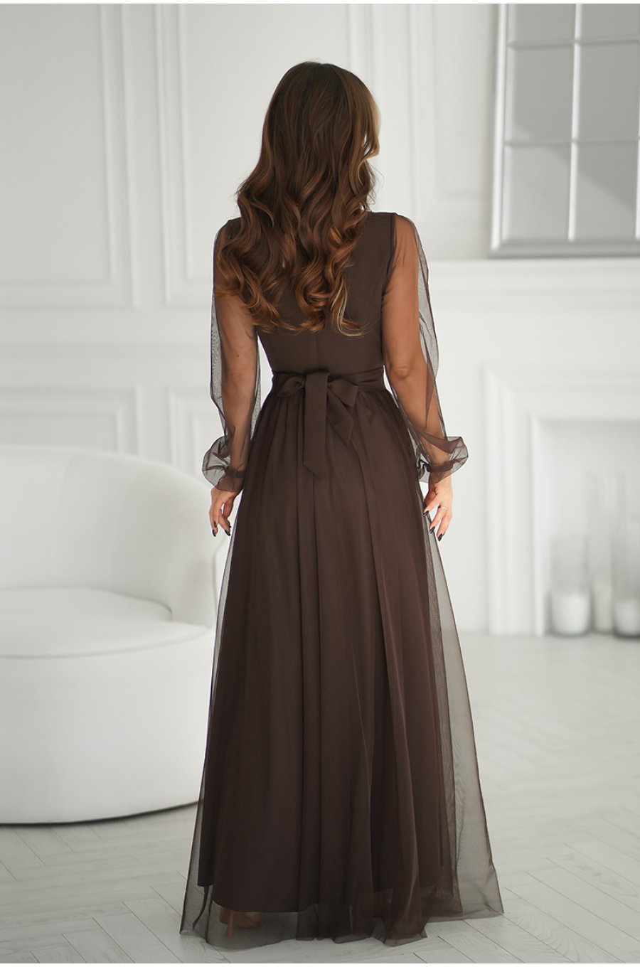 Rochie eleganta lunga din tulle ciocolata cu maneca lunga SplendorB 2 - jojofashion.ro