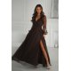 Rochie eleganta lunga din tulle ciocolata cu maneca lunga SplendorB 4 - jojofashion.ro