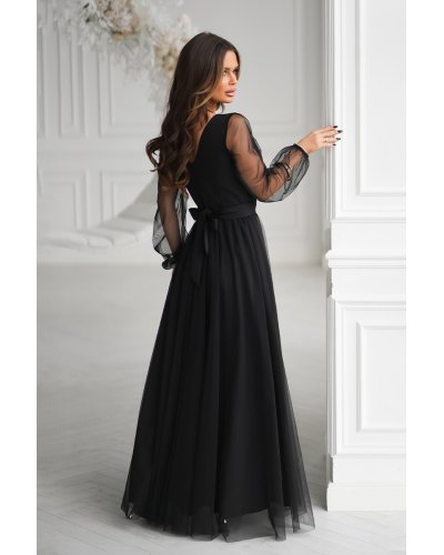 Rochii negre, Rochie eleganta lunga neagra din tulle cu maneca lunga SplendorB - jojofashion.ro