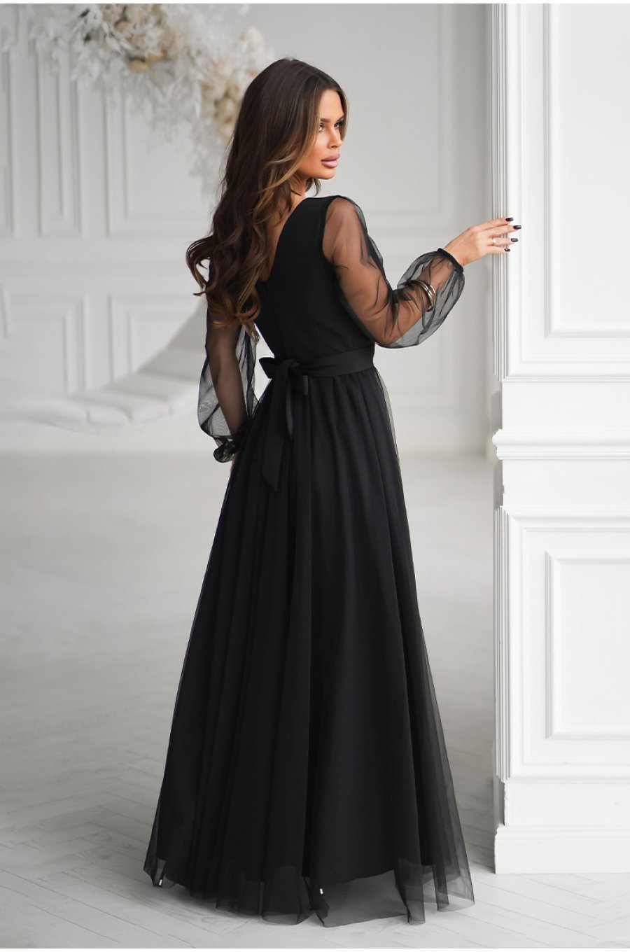 Rochie eleganta lunga neagra din tulle cu maneca lunga SplendorB 2 - jojofashion.ro