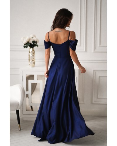Rochii banchet, Rochie eleganta lunga glitter bleumarin cu umerii goi vaporoasa Delight - jojofashion.ro