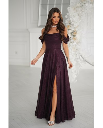 Rochii vaporoase, Rochie eleganta lunga glitter mov pruna cu umerii goi vaporoasa Delight - jojofashion.ro