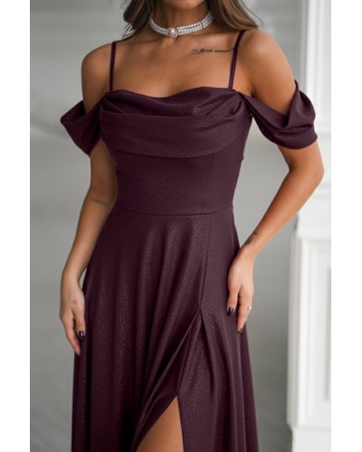 Rochii vaporoase, Rochie eleganta lunga glitter mov pruna cu umerii goi vaporoasa Delight - jojofashion.ro