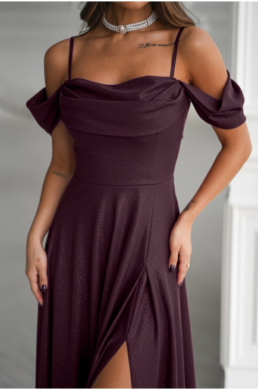 Rochie eleganta lunga glitter mov pruna cu umerii goi vaporoasa Delight 2 - jojofashion.ro