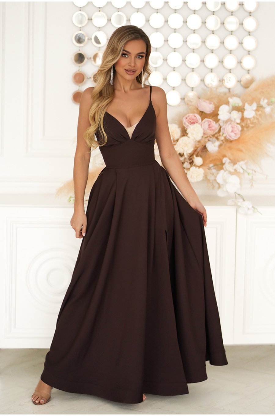 Rochie eleganta lunga maro ciocolata cu bust tip corset vaporoasa Jasmine 1 - jojofashion.ro