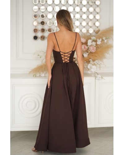 Rochie eleganta lunga maro ciocolata cu bust tip corset vaporoasa Jasmine - jojofashion.ro