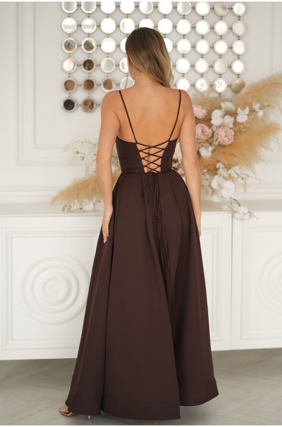 Rochie eleganta lunga maro ciocolata cu bust tip corset vaporoasa Jasmine 2 - jojofashion.ro