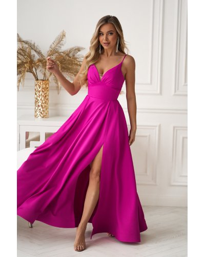 Rochii de nasa, Rochie eleganta lunga roz fucsia cu bust tip corset vaporoasa Jasmine - jojofashion.ro