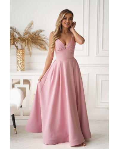 Rochii de nasa, Rochie eleganta lunga roz pudra cu bust tip corset vaporoasa Jasmine - jojofashion.ro