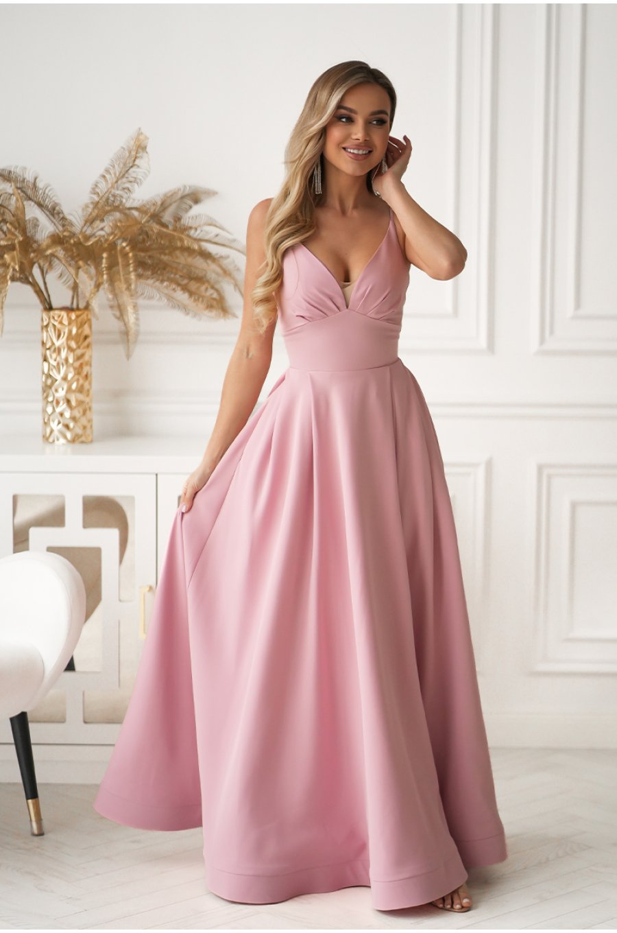 Rochie eleganta lunga roz pudra cu bust tip corset vaporoasa Jasmine 1 - jojofashion.ro