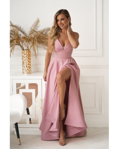 Rochii de nasa, Rochie eleganta lunga roz pudra cu bust tip corset vaporoasa Jasmine - jojofashion.ro
