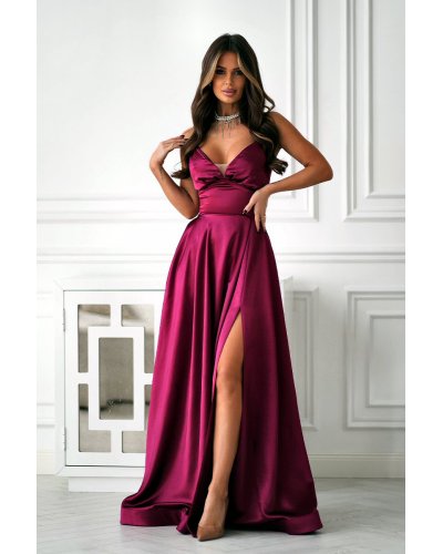Rochii marimi mari, Rochie eleganta lunga satin burgundy cu bust tip corset Saphira - jojofashion.ro