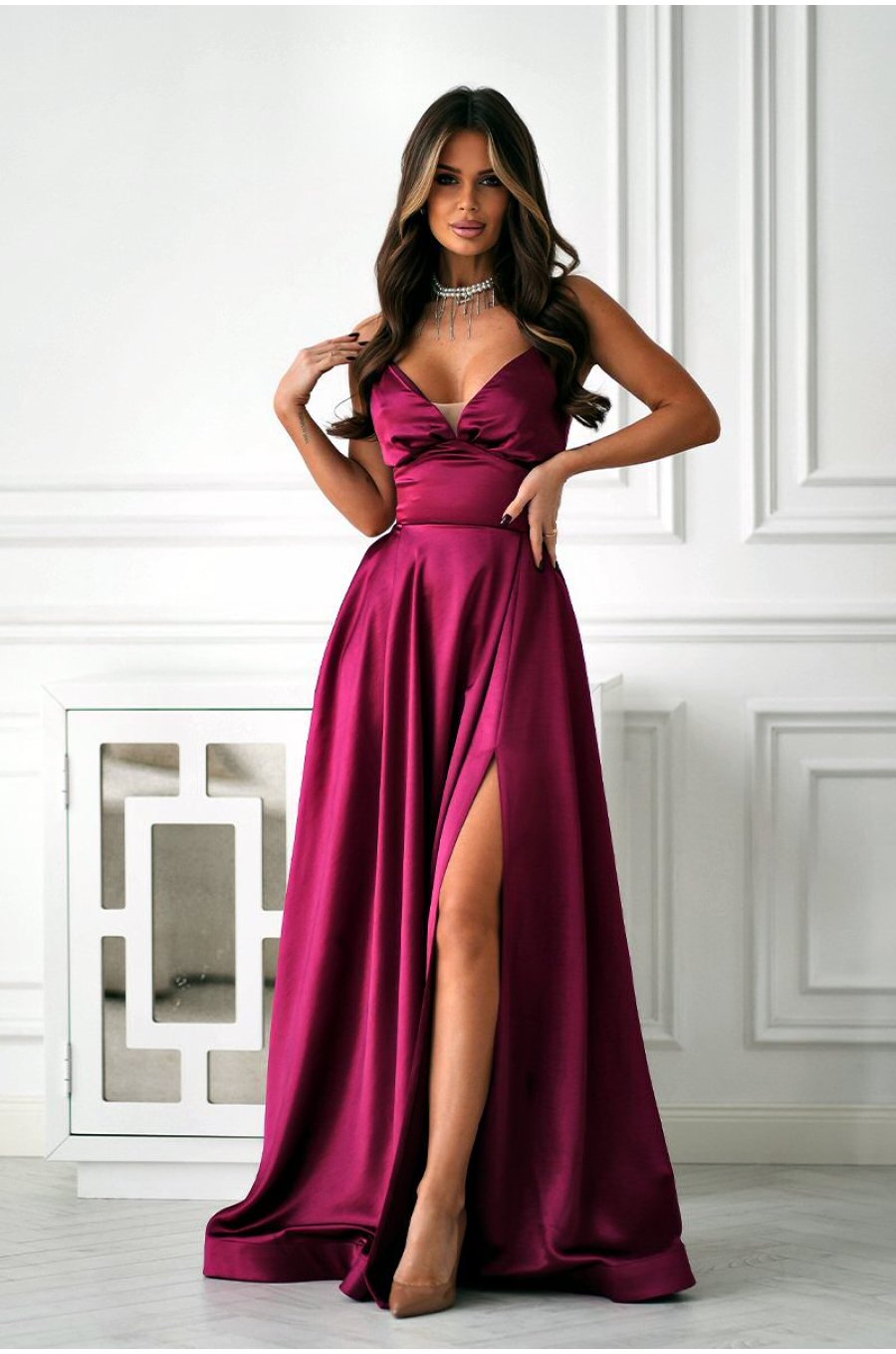 Rochie eleganta lunga satin burgundy cu bust tip corset Saphira 1 - jojofashion.ro