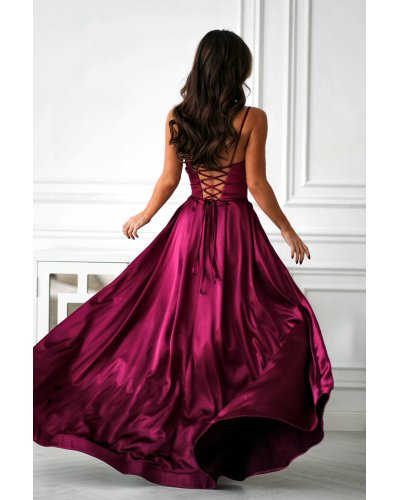 Rochii marimi mari, Rochie eleganta lunga satin burgundy cu bust tip corset Saphira - jojofashion.ro