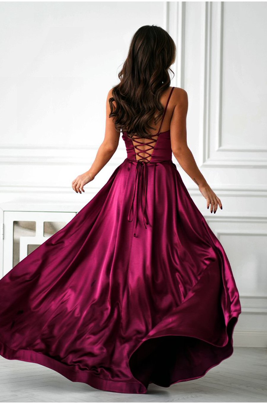 Rochie eleganta lunga satin burgundy cu bust tip corset Saphira 2 - jojofashion.ro