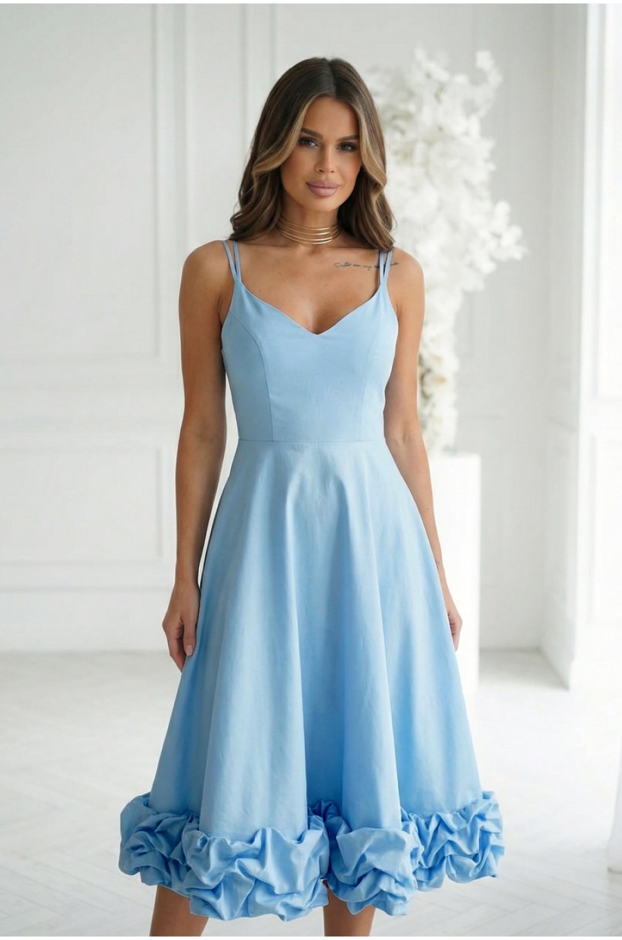 Rochie eleganta midi bleu cu volan tridimensional Jasmina 1 - jojofashion.ro