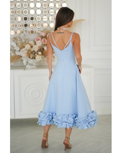 Rochii domnisoare de onoare, Rochie eleganta midi bleu cu volan tridimensional Jasmina - jojofashion.ro