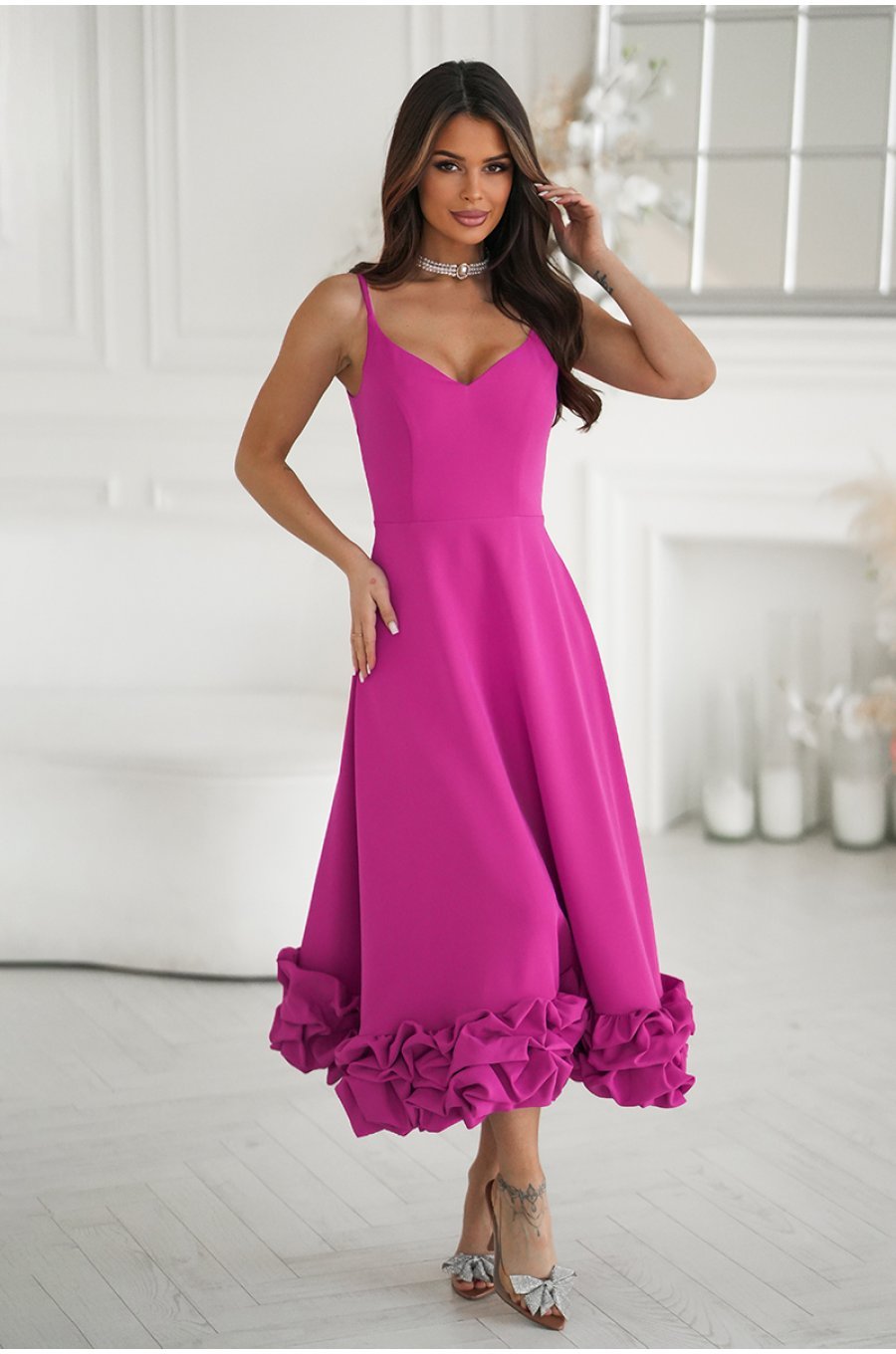 Rochie eleganta midi roz fucsia cu volan tridimensional Jasmina 4 - jojofashion.ro
