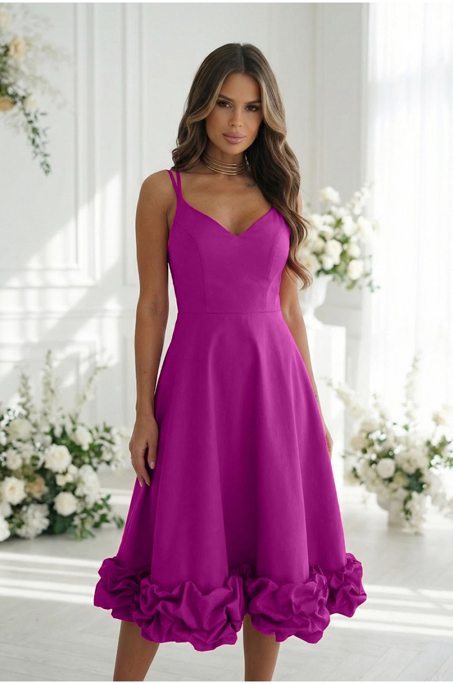 Rochie eleganta midi roz fucsia cu volan tridimensional Jasmina 1 - jojofashion.ro
