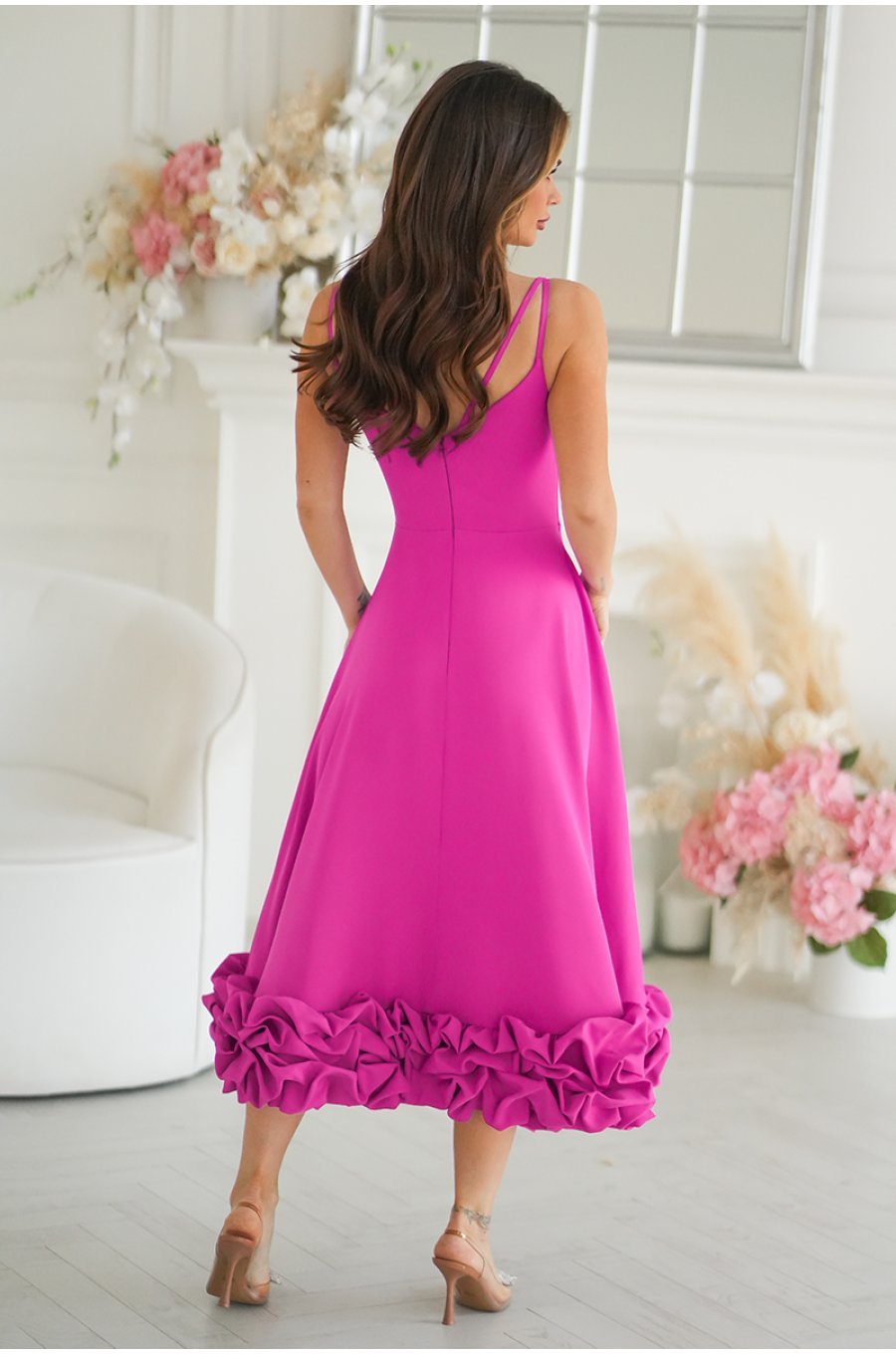 Rochie eleganta midi roz fucsia cu volan tridimensional Jasmina 2 - jojofashion.ro