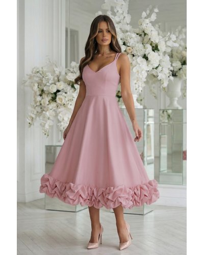 Rochie eleganta midi roz pudra cu volan tridimensional Jasmina - jojofashion.ro