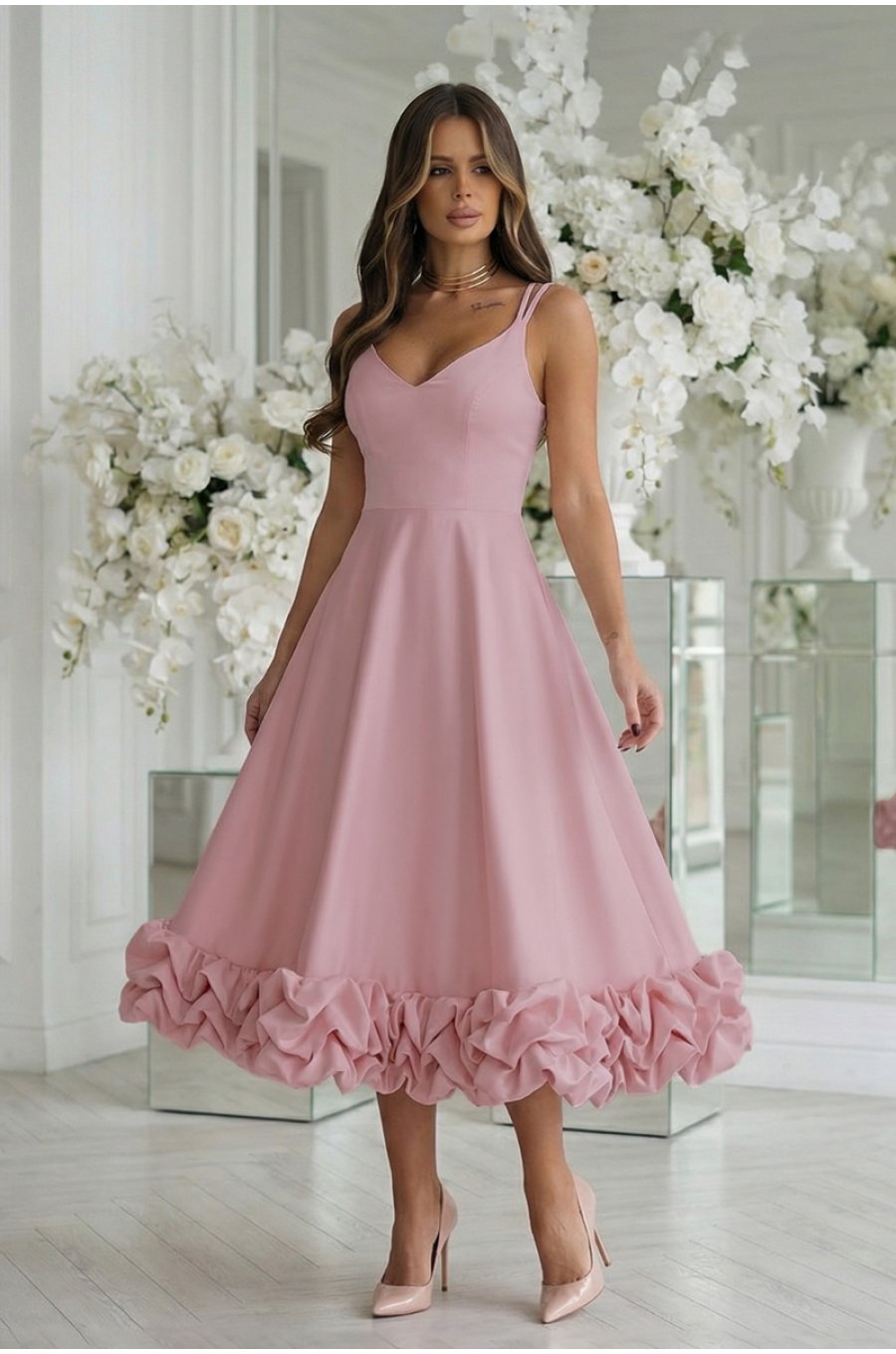 Rochie eleganta midi roz pudra cu volan tridimensional Jasmina 1 - jojofashion.ro