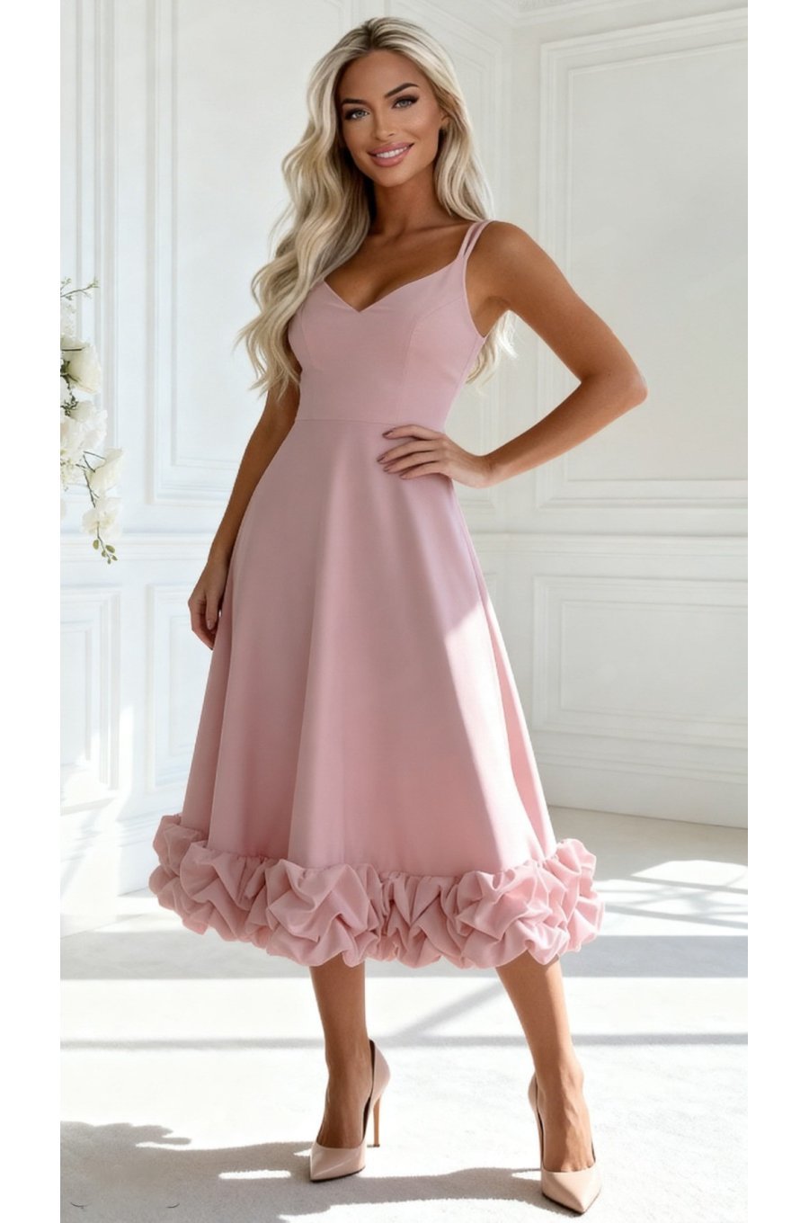 Rochie eleganta midi roz pudra cu volan tridimensional Jasmina 5 - jojofashion.ro